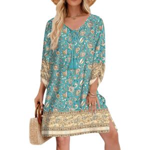 image:imageHOTOUCH Boho Dresses for Women Casual Beach Summer Dress V Neck 34 Long Sleeve Short Floral Print Swimsuit Cover Up Sundress03 Green