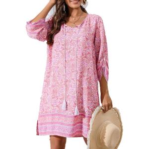image:imageHOTOUCH Boho Dresses for Women Casual Beach Summer Dress V Neck 34 Long Sleeve Short Floral Print Swimsuit Cover Up SundressApink