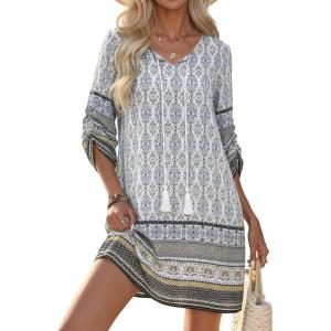 image:imageHOTOUCH Boho Dresses for Women Casual Beach Summer Dress V Neck 34 Long Sleeve Short Floral Print Swimsuit Cover Up SundressAwhite
