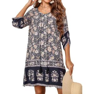 image:imageHOTOUCH Boho Dresses for Women Casual Beach Summer Dress V Neck 34 Long Sleeve Short Floral Print Swimsuit Cover Up SundressBlack