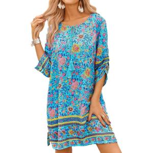image:imageHOTOUCH Boho Dresses for Women Casual Beach Summer Dress V Neck 34 Long Sleeve Short Floral Print Swimsuit Cover Up SundressBlue