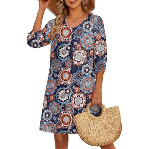 image:imageHOTOUCH Boho Dresses for Women Casual Beach Summer Dress V Neck 34 Long Sleeve Short Floral Print Swimsuit Cover Up SundressDark Blue