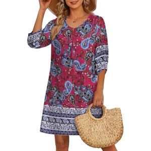 image:imageHOTOUCH Boho Dresses for Women Casual Beach Summer Dress V Neck 34 Long Sleeve Short Floral Print Swimsuit Cover Up SundressDark Red