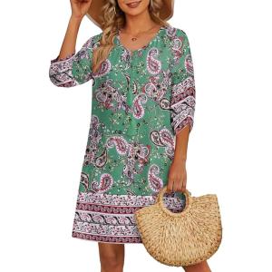 image:imageHOTOUCH Boho Dresses for Women Casual Beach Summer Dress V Neck 34 Long Sleeve Short Floral Print Swimsuit Cover Up SundressGreen
