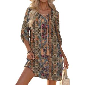 image:imageHOTOUCH Boho Dresses for Women Casual Beach Summer Dress V Neck 34 Long Sleeve Short Floral Print Swimsuit Cover Up SundressMz721
