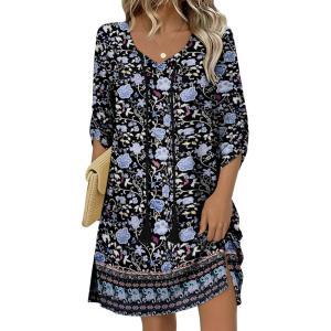 image:imageHOTOUCH Boho Dresses for Women Casual Beach Summer Dress V Neck 34 Long Sleeve Short Floral Print Swimsuit Cover Up SundressMz852