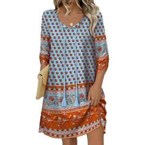 image:imageHOTOUCH Boho Dresses for Women Casual Beach Summer Dress V Neck 34 Long Sleeve Short Floral Print Swimsuit Cover Up SundressMz883