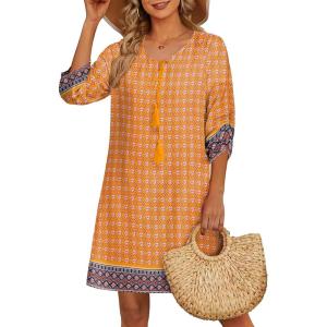 image:imageHOTOUCH Boho Dresses for Women Casual Beach Summer Dress V Neck 34 Long Sleeve Short Floral Print Swimsuit Cover Up SundressYellow