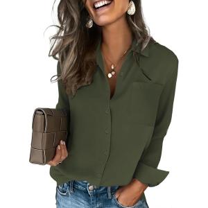 image:imageHOTOUCH Button Down Shirts for Women Long Sleeve Blouse Dressy Casual Business Work Tops with PocketArmy Green