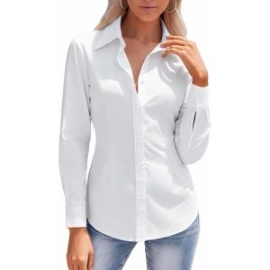 image:imageHOTOUCH Button Down Shirts for Women Long Sleeve Stretch Dress Shirts WrinkleFree Work Blouses Slim Fit Office TopsAwhite
