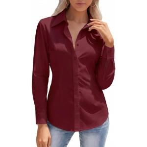 image:imageHOTOUCH Button Down Shirts for Women Long Sleeve Stretch Dress Shirts WrinkleFree Work Blouses Slim Fit Office TopsWine Red