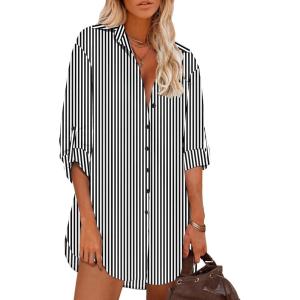 image:imageHOTOUCH Women Boyfriend Shirts Button Down Long Sleeve Blouse Cuffed Sleeve Collared ShirtBlack White Stripe