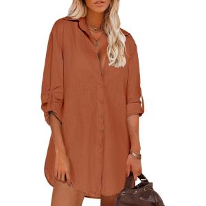 image:imageHOTOUCH Women Boyfriend Shirts Button Down Long Sleeve Blouse Cuffed Sleeve Collared ShirtBrick Red