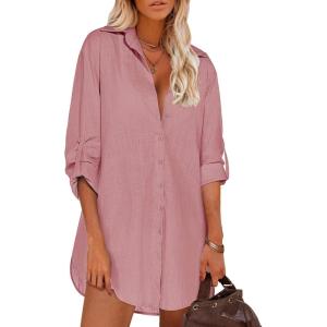 image:imageHOTOUCH Women Boyfriend Shirts Button Down Long Sleeve Blouse Cuffed Sleeve Collared ShirtDusty Pink