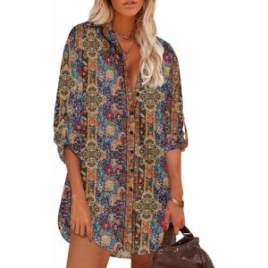 image:imageHOTOUCH Women Boyfriend Shirts Button Down Long Sleeve Blouse Cuffed Sleeve Collared ShirtP Boho Print