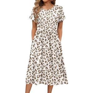 image:imageHOTOUCH Womens Summer ALine Midi Dresses 2026 Casual Floral Short Sleeve TShirt Dress Flowy Beach Sundress with PocketsLeopard Print