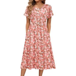 image:imageHOTOUCH Womens Summer ALine Midi Dresses 2026 Casual Floral Short Sleeve TShirt Dress Flowy Beach Sundress with PocketsPink Print