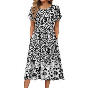 image:imageHOTOUCH Womens Summer ALine Midi Dresses 2026 Casual Floral Short Sleeve TShirt Dress Flowy Beach Sundress with PocketsXh523