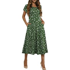image:imageHOTOUCH Summer Dresses for Women 2026 Casual Midi Dress Petal Short Sleeve A Line Dress Pleated Flare Sundress02 Green Floral