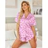 image:imageHOTOUCH Womens Satin Pajamas Set Button Down 2 Piece Silk Pjs Shorts Set Ruffle Lingerie Notch Collar SleepwearPink Bowknot
