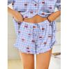 image:imageHOTOUCH Womens Satin Pajamas Set Button Down 2 Piece Silk Pjs Shorts Set Ruffle Lingerie Notch Collar SleepwearPlaid Cherries