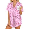 image:imageHOTOUCH Womens Satin Pajamas Set Button Down 2 Piece Silk Pjs Shorts Set Ruffle Lingerie Notch Collar SleepwearPink Bowknot