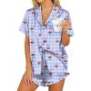 image:imageHOTOUCH Womens Satin Pajamas Set Button Down 2 Piece Silk Pjs Shorts Set Ruffle Lingerie Notch Collar SleepwearPlaid Cherries