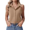 image:imageHOTOUCH Womens Sleeveless Button Down Shirts HiddenButton Front Collared Dressy Casual Blouses Loose Office Tank TopsKhaki