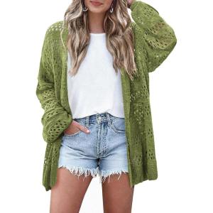 image:imageHOTOUCH Lightweight Crochet Cardigan for Women Long Sleeve Open Front Knit Oversized Cardigans SweatersArmy Green4