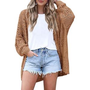 image:imageHOTOUCH Lightweight Crochet Cardigan for Women Long Sleeve Open Front Knit Oversized Cardigans SweatersBkhaki