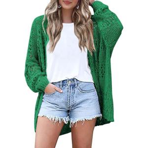 image:imageHOTOUCH Lightweight Crochet Cardigan for Women Long Sleeve Open Front Knit Oversized Cardigans SweatersDark Green