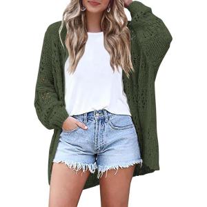 image:imageHOTOUCH Lightweight Crochet Cardigan for Women Long Sleeve Open Front Knit Oversized Cardigans SweatersDark Green2