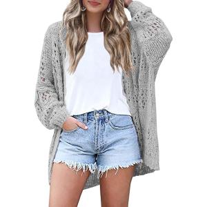 image:imageHOTOUCH Lightweight Crochet Cardigan for Women Long Sleeve Open Front Knit Oversized Cardigans SweatersGrey