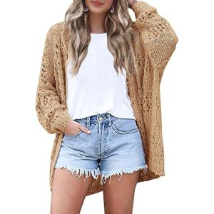 image:imageHOTOUCH Lightweight Crochet Cardigan for Women Long Sleeve Open Front Knit Oversized Cardigans SweatersLight Khaki