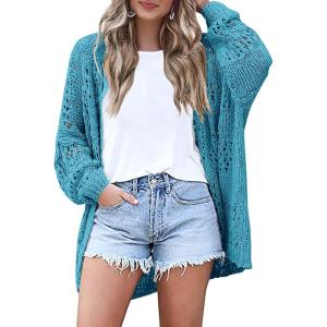 image:imageHOTOUCH Lightweight Crochet Cardigan for Women Long Sleeve Open Front Knit Oversized Cardigans SweatersTeal