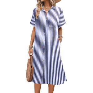 image:imageHOTOUCH Womens Dress Summer Casual Midi Short Sleeve Button Down Shirt Dresses Loose Beach Cover Up with Pockets01ablue Stripe