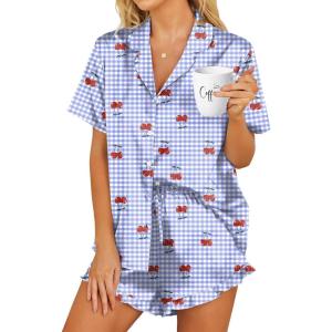 image:imageHOTOUCH Womens Satin Pajamas Set Button Down 2 Piece Silk Pjs Shorts Set Ruffle Lingerie Notch Collar SleepwearPlaid Cherries