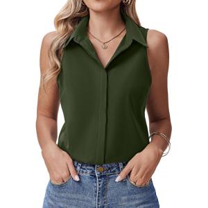 image:imageHOTOUCH Womens Sleeveless Button Down Shirts HiddenButton Front Collared Dressy Casual Blouses Loose Office Tank TopsArmy Green