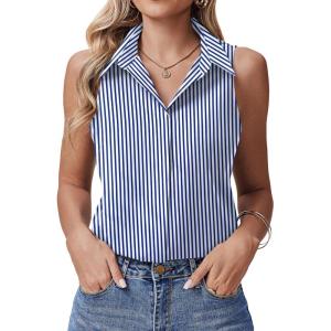 image:imageHOTOUCH Womens Sleeveless Button Down Shirts HiddenButton Front Collared Dressy Casual Blouses Loose Office Tank TopsBlue Striped