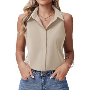 image:imageHOTOUCH Womens Sleeveless Button Down Shirts HiddenButton Front Collared Dressy Casual Blouses Loose Office Tank TopsCream