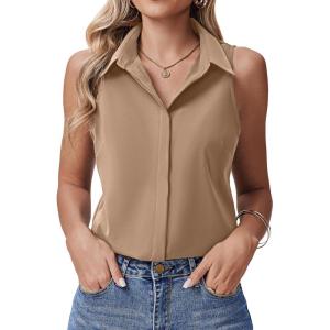 image:imageHOTOUCH Womens Sleeveless Button Down Shirts HiddenButton Front Collared Dressy Casual Blouses Loose Office Tank TopsKhaki