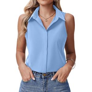 image:imageHOTOUCH Womens Sleeveless Button Down Shirts HiddenButton Front Collared Dressy Casual Blouses Loose Office Tank TopsLight Blue