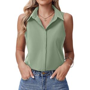 image:imageHOTOUCH Womens Sleeveless Button Down Shirts HiddenButton Front Collared Dressy Casual Blouses Loose Office Tank TopsLight Green