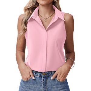 image:imageHOTOUCH Womens Sleeveless Button Down Shirts HiddenButton Front Collared Dressy Casual Blouses Loose Office Tank TopsPink