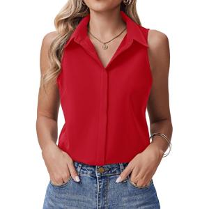 image:imageHOTOUCH Womens Sleeveless Button Down Shirts HiddenButton Front Collared Dressy Casual Blouses Loose Office Tank TopsRed