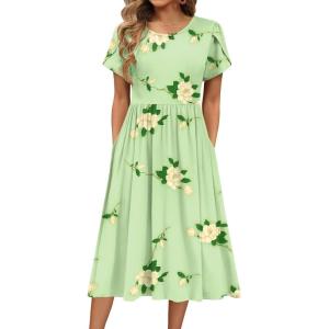 image:imageHOTOUCH Womens Summer ALine Midi Dresses 2026 Casual Floral Short Sleeve TShirt Dress Flowy Beach Sundress with PocketsGreen Flower