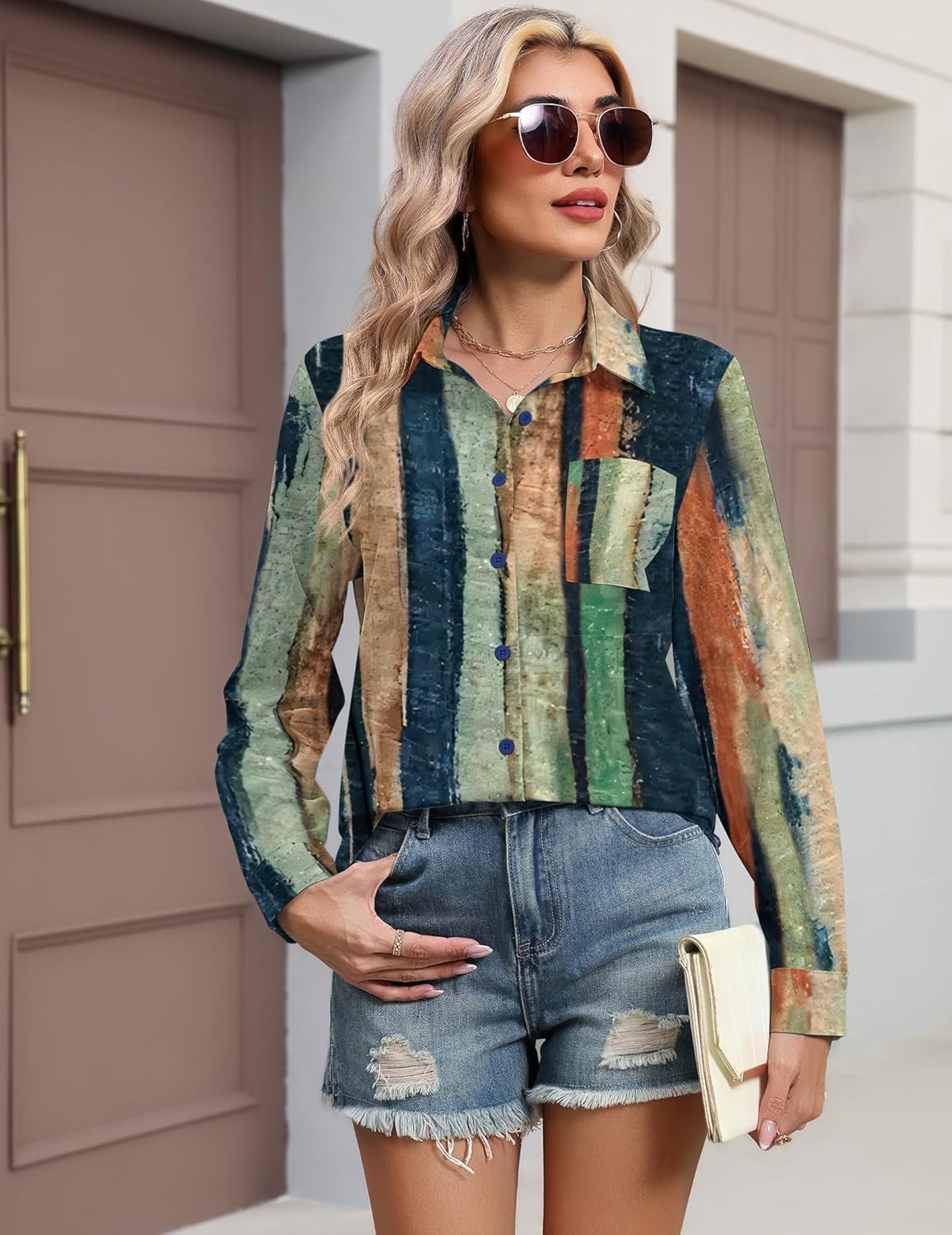 image:imageHOTOUCH Button Down Shirts for Women Long Sleeve Blouse Dressy Casual Business Work Tops with PocketMulticolored