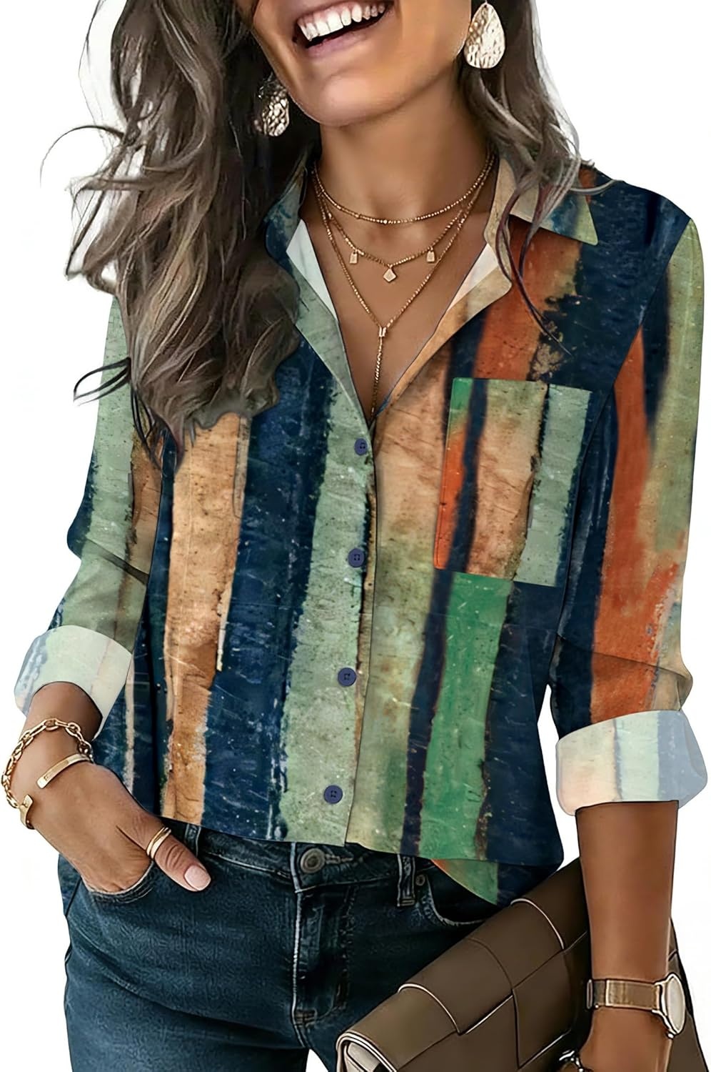 image:imageHOTOUCH Button Down Shirts for Women Long Sleeve Blouse Dressy Casual Business Work Tops with PocketMulticolored