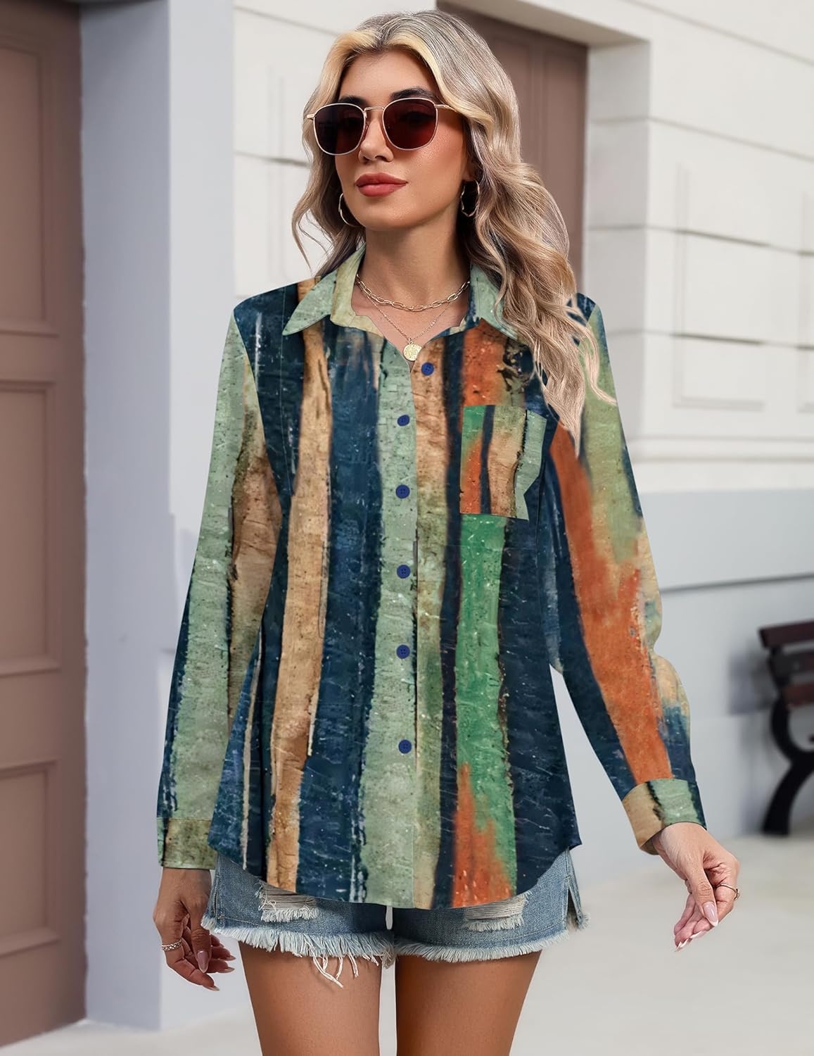 image:imageHOTOUCH Button Down Shirts for Women Long Sleeve Blouse Dressy Casual Business Work Tops with PocketMulticolored