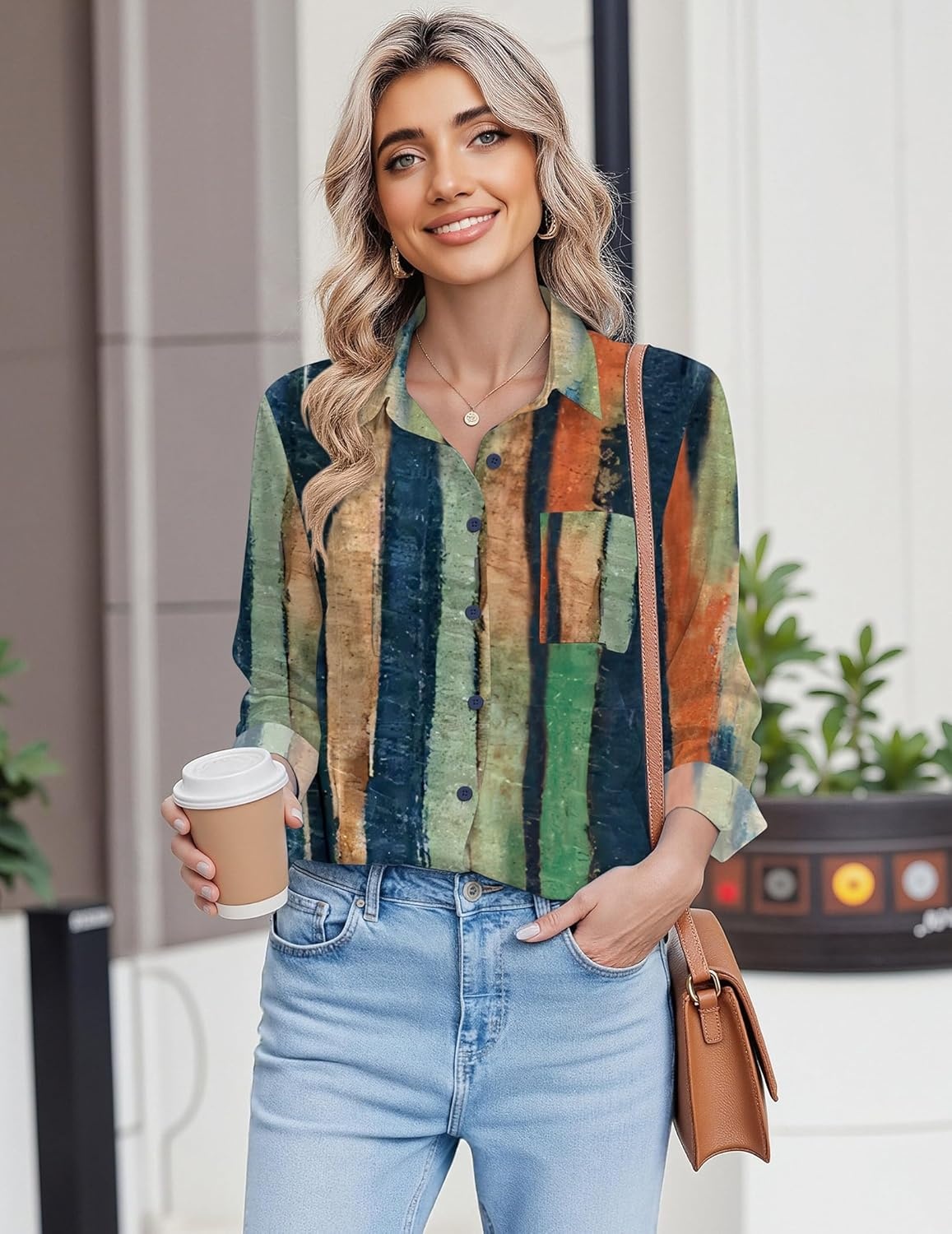 image:imageHOTOUCH Button Down Shirts for Women Long Sleeve Blouse Dressy Casual Business Work Tops with PocketMulticolored